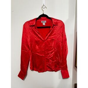 Robbie Bee Red 100% Silk Button Up Blouse Long Sleeve Collared Womens S Top
